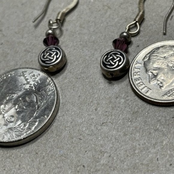 Celtic Knot Artist Signed Amethyst bi-cone 925 Sterling Silver Earrings Ireland - Picture 8 of 8